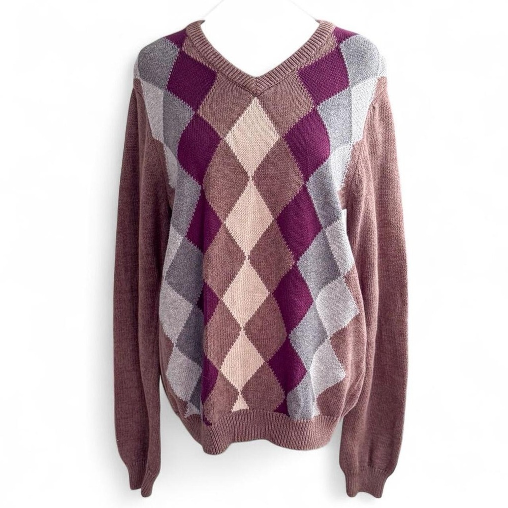 Argyle V-Neck Sweater - Purple and Brown